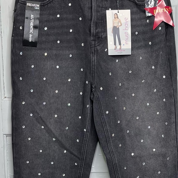 Simply Society Super High Rise Straight Black Gray Gem Polka Dot Jeans - Picture 11 of 12